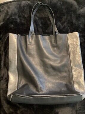 Eileen Fisher Black Leather Shopping Tote With Bronze Side Panels